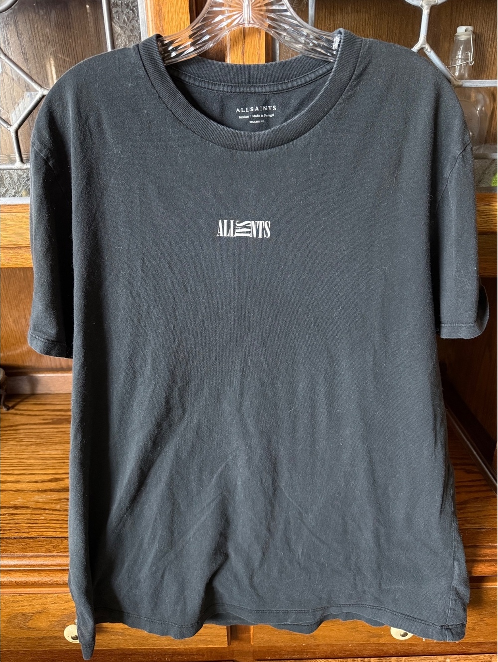 AllSaints Men's Medium Black Graphic Logo Relaxed Fit Tee Shirt Made in Portugal